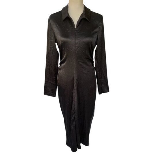 Samsoe Samsoe Ivana Black Crepe Textured Long-Sleeve Collared Midi Dress Size L - Picture 1 of 11